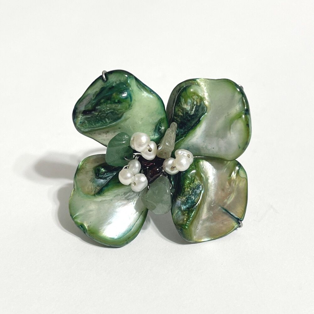 Green Shell Flower Petal Statement Ring Adjustable 6.5 - 8.5 Pearl Stone Beachy